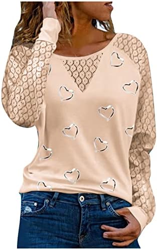 Ženske čipke dukserice dugih rukava Valentinovo tiskani pulover casual labave majice grafičke majice za vrat posade