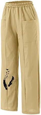 Ženske pamučne posteljine ležerne hlače plus pero ispis široke noge Elastični struk vrećica palazzo hlača s džepovima