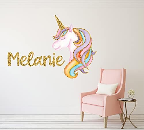 Prilagođeni naziv zidni dekor za djevojčice - zidne naljepnice jednoroga - Zlatni sjaj Unicorn Umjetnost - Personalizirano ime naljepnice