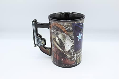 Teksaška zastava i kaubojski šešir, čizma, pištolj, revolverska olovka, šalica za kavu, čaj, vruća čokolada-15 oz keramički sef za