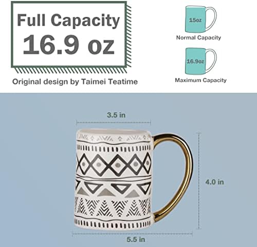 Taimei teatime keramička šalica za kavu s ručicom, 16,9-jezgrova set za kavu s 2 s crno-bijelim afričkim uzorkom od blata od blata,