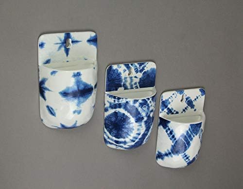 Things2Die4 Set od 3 plavo -bijele Shibori stil obojene keramičke zidne džepne vješanja boho dekor