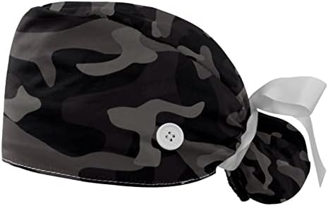 Ratgdn Medicinske kape za žene s gumbima dugačka kosa, 2 komada podesiva radna kapa, crna tamna kamuflažna boja uzorka