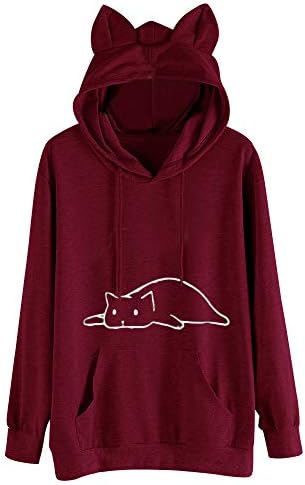 Akimpe ženske dukseve lagane mačje uho uklanjanje mačke tiskane labave pamučne labave predimenzionirane pulover za jesen