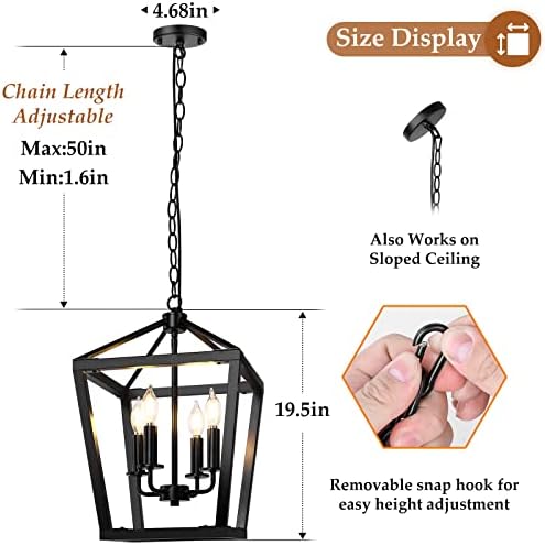 Luster s 4 lampe, Crna viseća svjetiljka, viseća sa stropa za kuhinju - Otok-blagovaonicu, Industrijska svjetiljka s metalnim okvirom