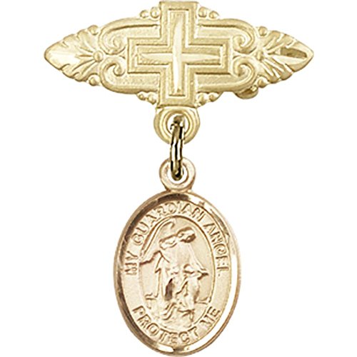 dječja značka od žutog zlata od 14 karata s amuletom anđela čuvara i pribadačom s križnom značkom od 1 inča 3/4 inča