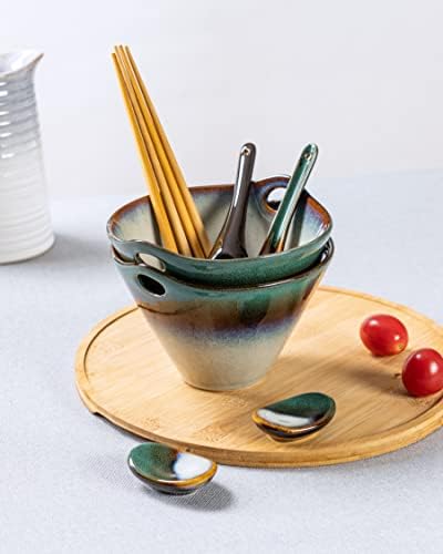 Henxfen Olovni keramički japanski zdjelice s rezancima od 2 - zdjele s dubokim juhama s žlicama, štapićima i držačem, jela za posluživanje