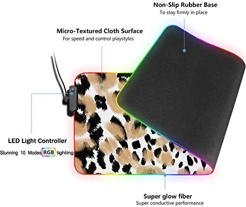 Jastučić za miša za igranje u donjem dijelu I set postolja, ekstra duga mekana LED podloga za miša s leopard printom s 10 načina osvjetljenja,