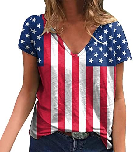 Majice 4. srpnja za žene, ljetna ležerna majica s američkom zastavom kratkih rukava, izrez u obliku slova u, prugasta kravata u boji,
