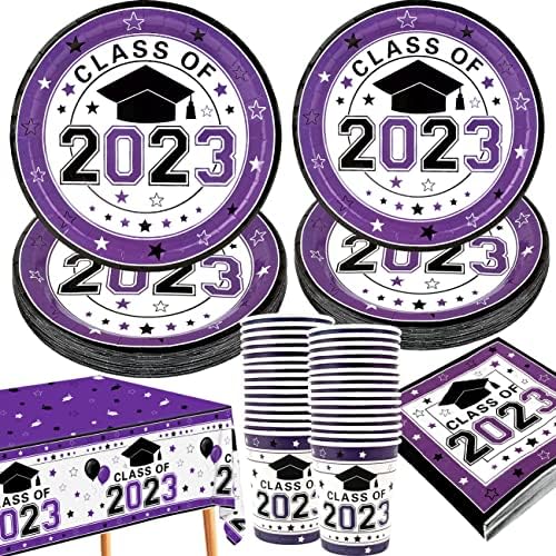Diplomirani ukrasi Klasa 2023. Purple diplomirani pribor za jednokratnu upotrebu za 30 gostiju uključuje klasu od 2023 ploče, salvete,