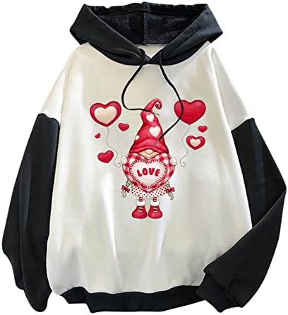 Oplxuo Valentinovo Hoodies Womens Love Heart Print Blok Boja dugačak rukava Gnomi grafički pulover casual vrh