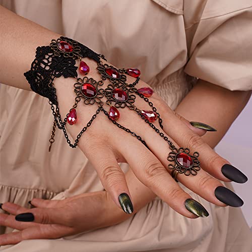 Rubin crveni dragulji privjesak kićanka Narukvica s prstenom crni čipkasti remen za žene djevojke vampirski ručni nakit
