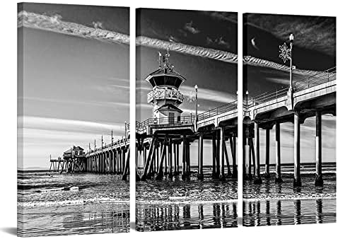 Sechars 3 ploča crna i wihte oceanska zidna umjetnost kalifornijska plaža plaža pir slika slika platno print usvaj pejzaža slika pejzažno