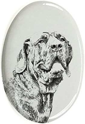 Ovalni nadgrobni spomenik od keramičkih pločica s likom psa