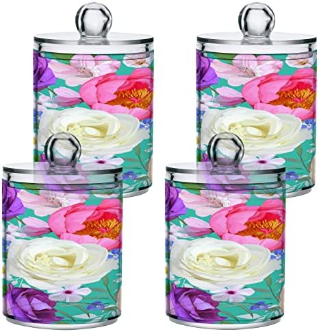 Alaza 4 Pack Qtip držač za dozator proljetni cvijet 7 Organizator kupaonice kanisteri za pamučne kuglice/brise/jastučiće/flos, plastične