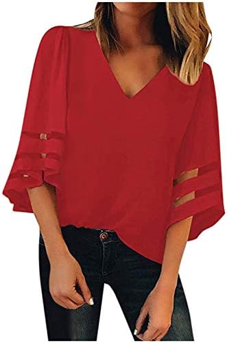 Majice za žene 3/4 moda zvona moda v vratna mesh patchwork bluza ljeto casual labave majice majice vrhovi