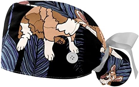 2pcs Radna kapa s gumbima i znoj Slatki životinjski pas Corgi u lišću kapice za piling za žene dugu kosu