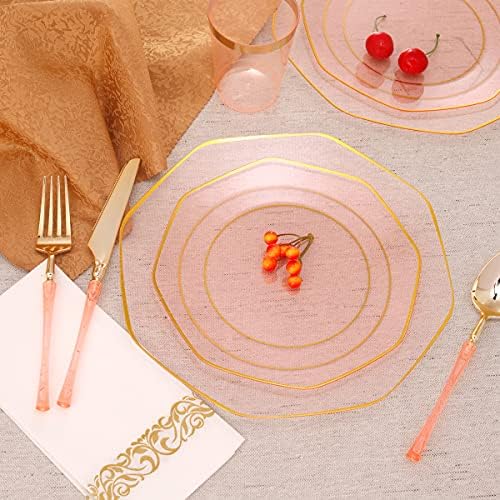 Kire 20 gostiju Očistite ružičaste plastične tanjure sa zlatnim rim-20 gosti crne plastične tanjure sa zlatnim naplatkom