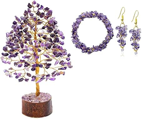 Ametist Crystal Tree of Life - Čakra stablo i narukvica + Naušnice Poklon za njezin Reiki Healing Balancing Set Reiki Crystal Stone