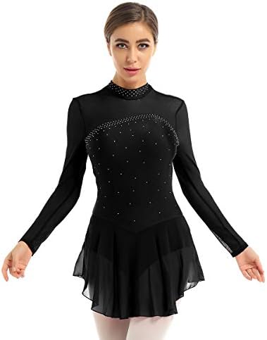 + Ženske odrasle svjetlucave rhinestones Baletna Plesna haljina od prozirne mreže s dugim rukavima odijela za klizanje na ledu