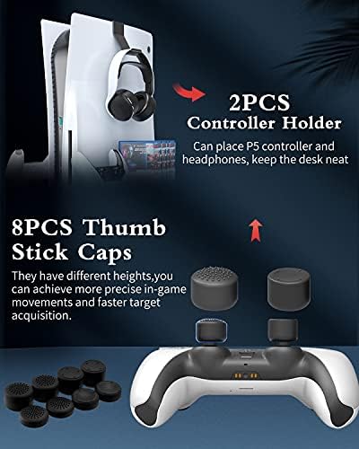 AOLION PS5 Pribor za PlayStation 5 Disc & Digital Edition, PS5 Stand s punjačom s dvostrukim kontrolerom, držač slušalica, 12 skladišta