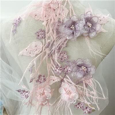 Pumfabric čipkasta tkanina za vjenčanje 2 komada lilaka rinestone bisera s perlama 3d cvjetna čipka Applique od noja od pera pacth