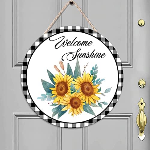 Mesllings retro natpis na drvenim vratima, suncokret dobrodošao sunčani zid viseći plak, 18 x 18 Slatka vintage ulaznih vrata Okrugli