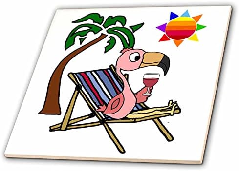 Smiješni ružičasti flamingo 3-u pije vino u ležaljci na plaži, na suncu i pod palmama - pločice