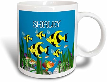3Drose Šarene tropske biljke i dizajn ribe personalizirani ženskim imenom Shirley Ceramic Cug, 11 oz, višebojan