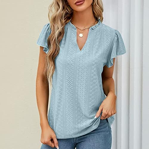 Ženska modna solidna boja Top Top Casual V-izrez kratka ruff rukava labava udobna majica bluza bluza