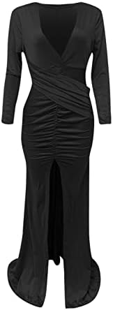 Nokmopo Mini haljina s dugim rukavima Moda Moda Solid Color Cinched Ruffle Split V-izrez za duge rukave