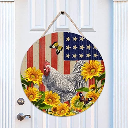 Mesllings USA zastave natpis na drvenim vratima, pijetao suncokretovi zid za viseći natpis, 18 x 18 neovisnost Retro Okrugla vrata