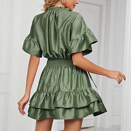 Satenska haljina od klizača za žene veže se rugavicama mini haljina kratka rukava ruffle slojena složena linijska ljuljačka haljina