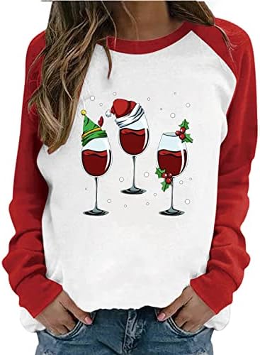 Božićna majica za žene Xmas šešir crvena vina čaša print Boja Blok posada pulover od dugih rukava majica