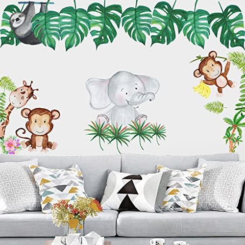 Tropske zelene biljke džungla životinje Zidne naljepnice, crtani afrički slon žirafa majmun Safari Zidne naljepnice, Uradi Sam umjetničke