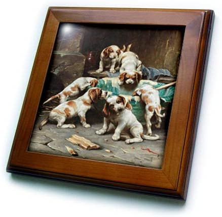 Trodimenzionalni prikaz slike šest smeđih i bijelih štenaca ulazi u nestašne uokvirene pločice