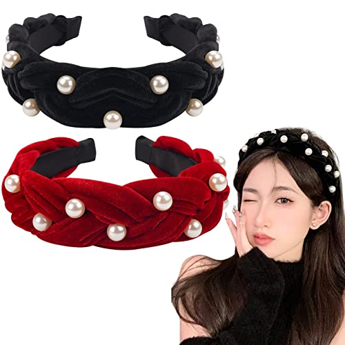 2pcs baršunaste trake za glavu za ženske kape, neklizajuća traka za glavu, modna mekana traka za glavu, crne i crvene biserne pletene