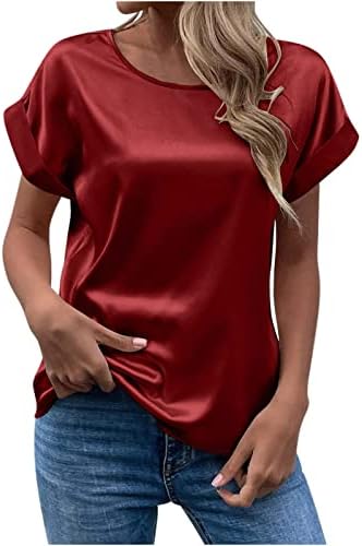 Ženska ležerna satenska bluza valjana uredska košulja s kratkim rukavima za vrat labava fit tunike vrhovi čvrste boje elegantne majice
