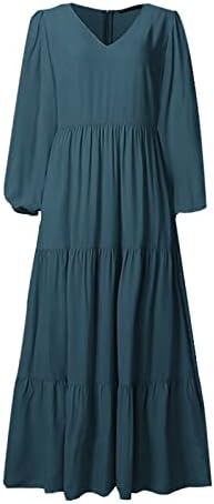 Zefotim casual haljine za žene 2023 dugi rukavi v vrat labavi ugrađeni obični protočni maksi -slojevita haljina