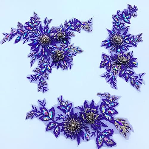 Walnuta ručne zrnce rhinestones ljubičaste čipke Applique Trim flastes Trodimenzionalni cvijet za maturantsku dodatnu opremu