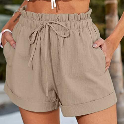 Pamučne lanene kratke hlače za žene elastično visoki struk Bermuda kratkih hlača Stret Summer String String Bike hlače s džepovima