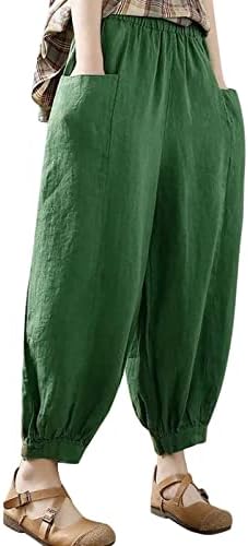 Ženske pamučne posteljine ležerne hlače opuštene uklapaju se solidne boje ljetne harem hlače elastični struk boho hlače s džepovima