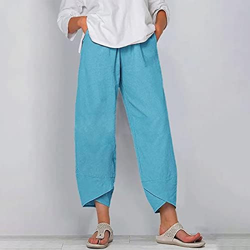 Beuu ljetne jesenske hlače za žene povremeni džepovi pamučna posteljina široka noga za nogu elastični struk, kapris obrezane hlače