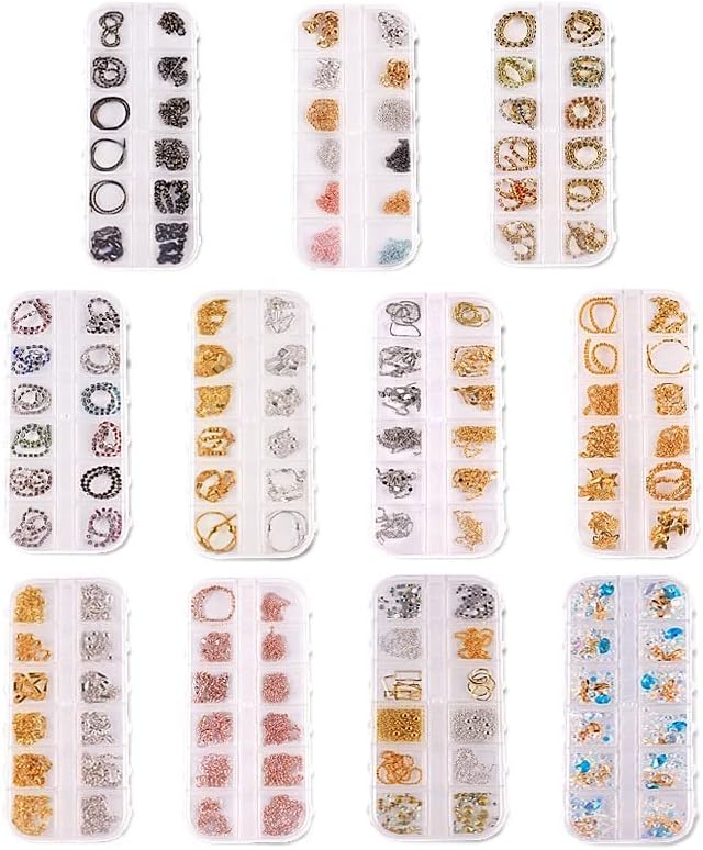 12 rešetki/pakiranja Višebojnih svih različitih oblika Lanci prstena Metal Metal 3D Studs Umjetnost noktiju Uredbe manikira diy -