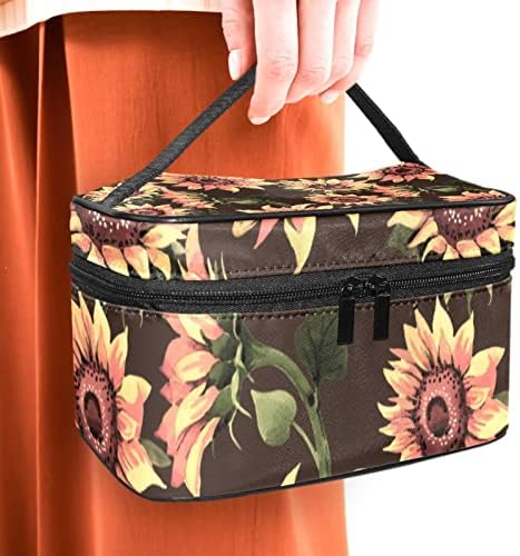 Mala torba za šminkanje, kozmetički organizator s patentnim zatvaračem za žene i djevojke, cvjetna umjetnost suncokreta Brown Retro
