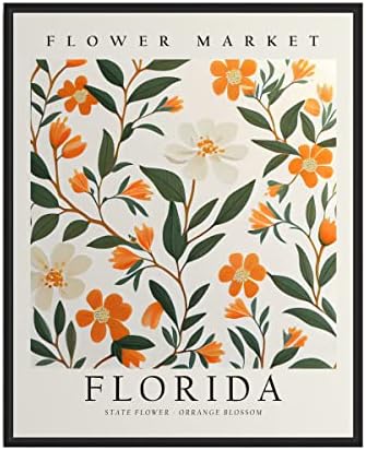 Florida Flower Market State Art Print, Florida Orange Blossom Plakati zidni dekor umjetnosti, plakat za putovanja Florida State Map,