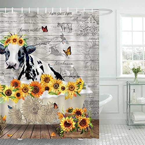 Cyrekud 72 x 72 krava tuš zavjesa seoska kuća akvarel goveda farma goveda životinja suncokret kupaonica set drvena ograda smiješna