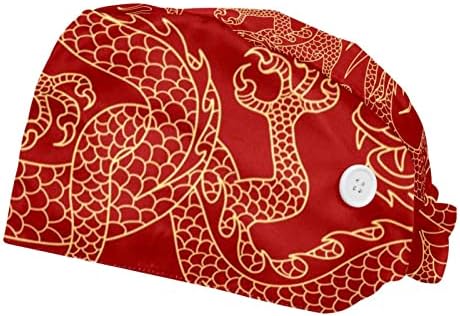 2pcs Žene Radne kapice s gumbima i podesivim zmajnim čipkastim šeširom kineski zmaj crveni ispis