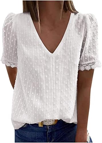 Žensko ljeto V vrat bluza čipka Crochet casual labavi kratki rukavi Swiss Dot Comfy Majice vrhovi