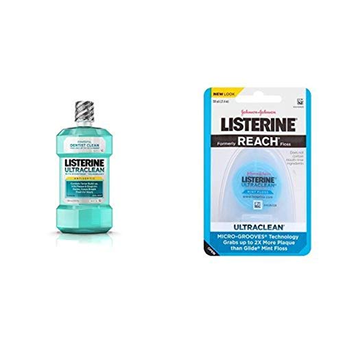 Listerine UltraClean Cool menta antiseptičko ispiranje usta, oralna njega za svježi dah, 500 ml i ultraclean floss, usmena njegu, metvica,